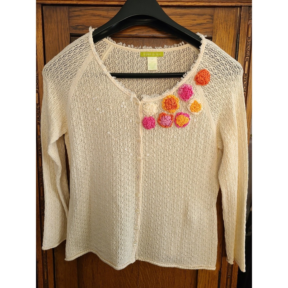 Vtg Sigrid Olsen Ivory Floral Embellished Cardigan Cottagecore Linen Blend Med